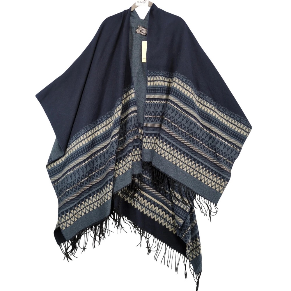 Young USA Blue Reversible Aztec Fringe Poncho Womens One Size Cape Southwestern
